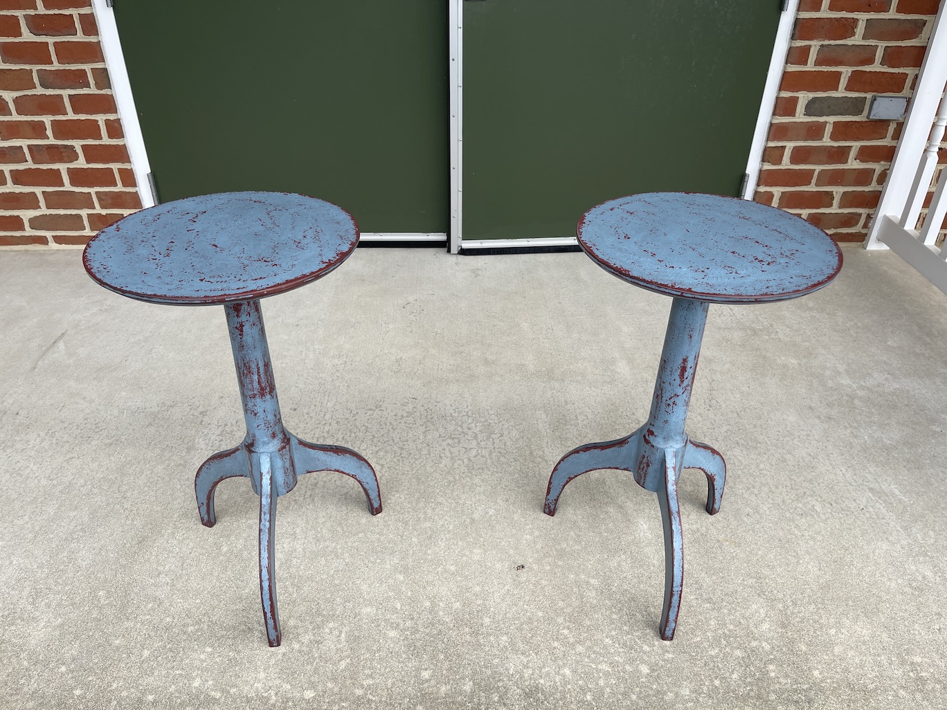 Pair of Shaker Candle Stands - Rustic Country Blue over Rustic Red Image