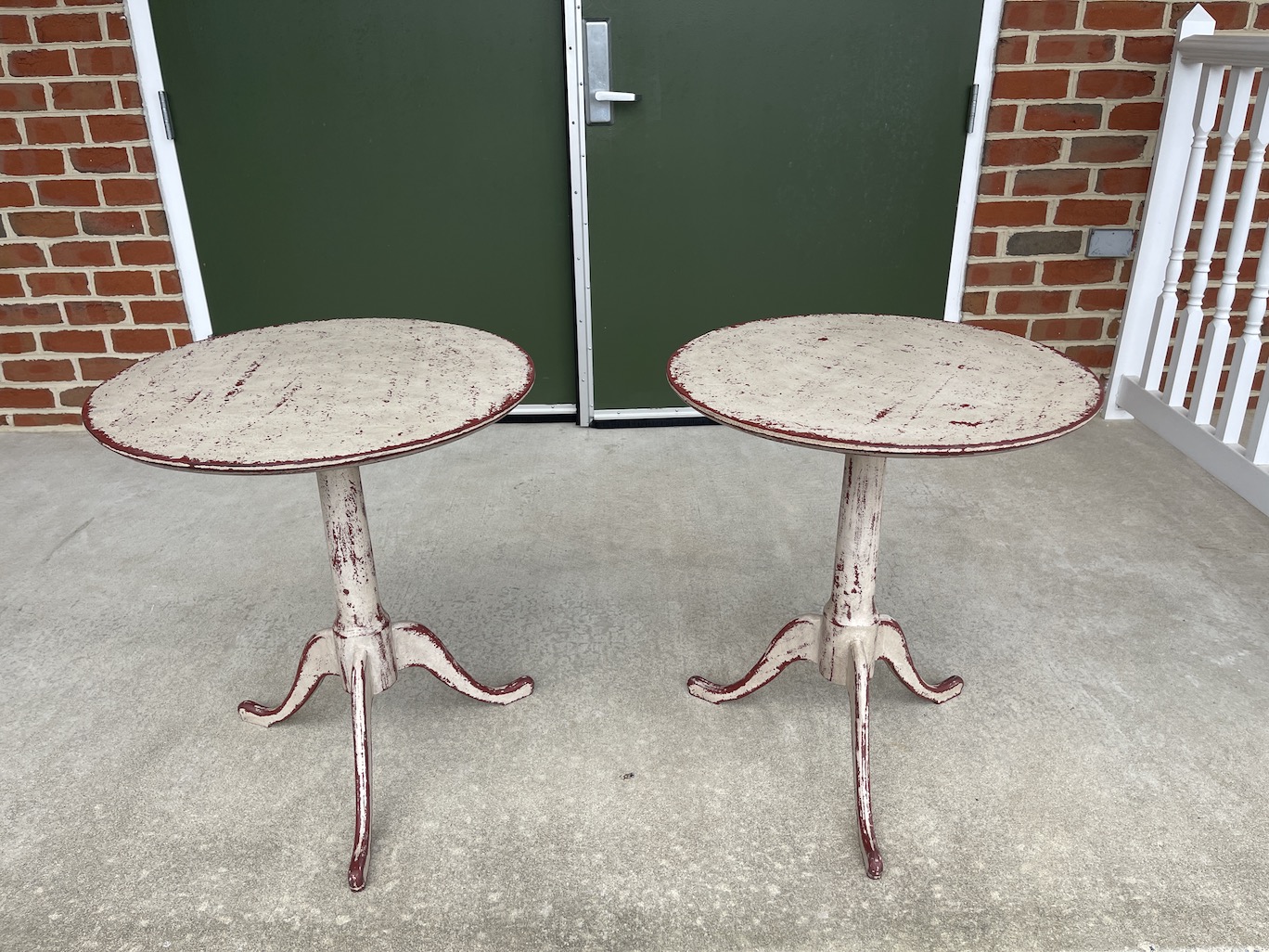 Pair of Queen Anne Round Top Tables Rustic White over Rustic Red Image