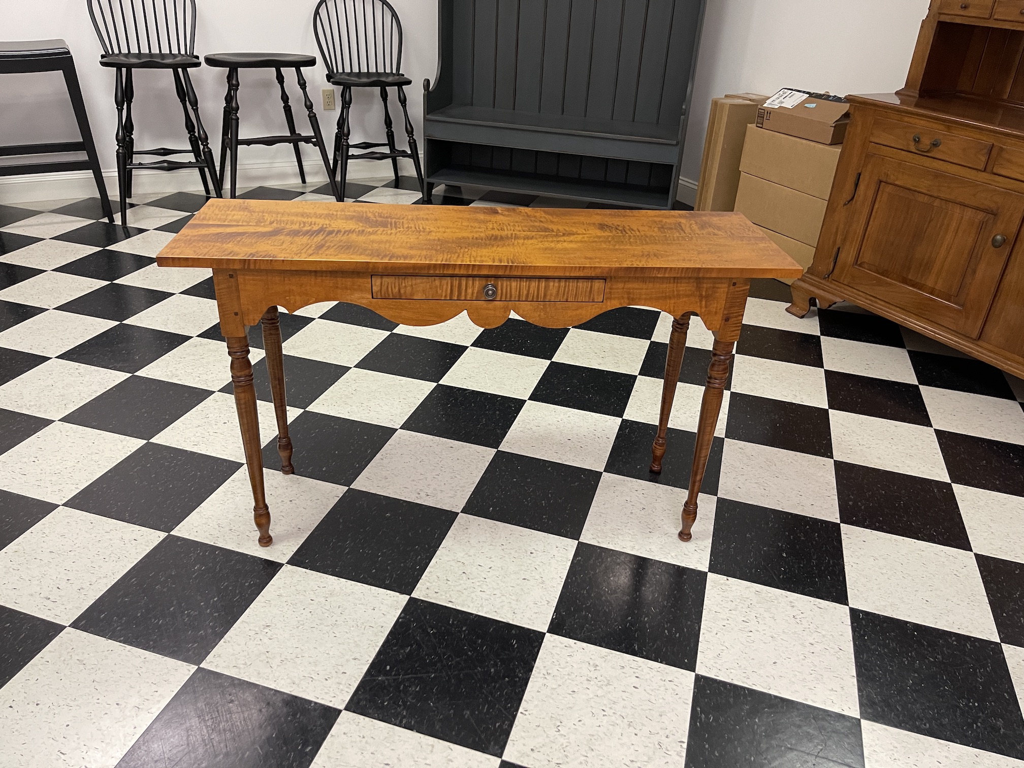 New Model Tiger Maple Hall Table with Drawer and Scalloped Skirt Image