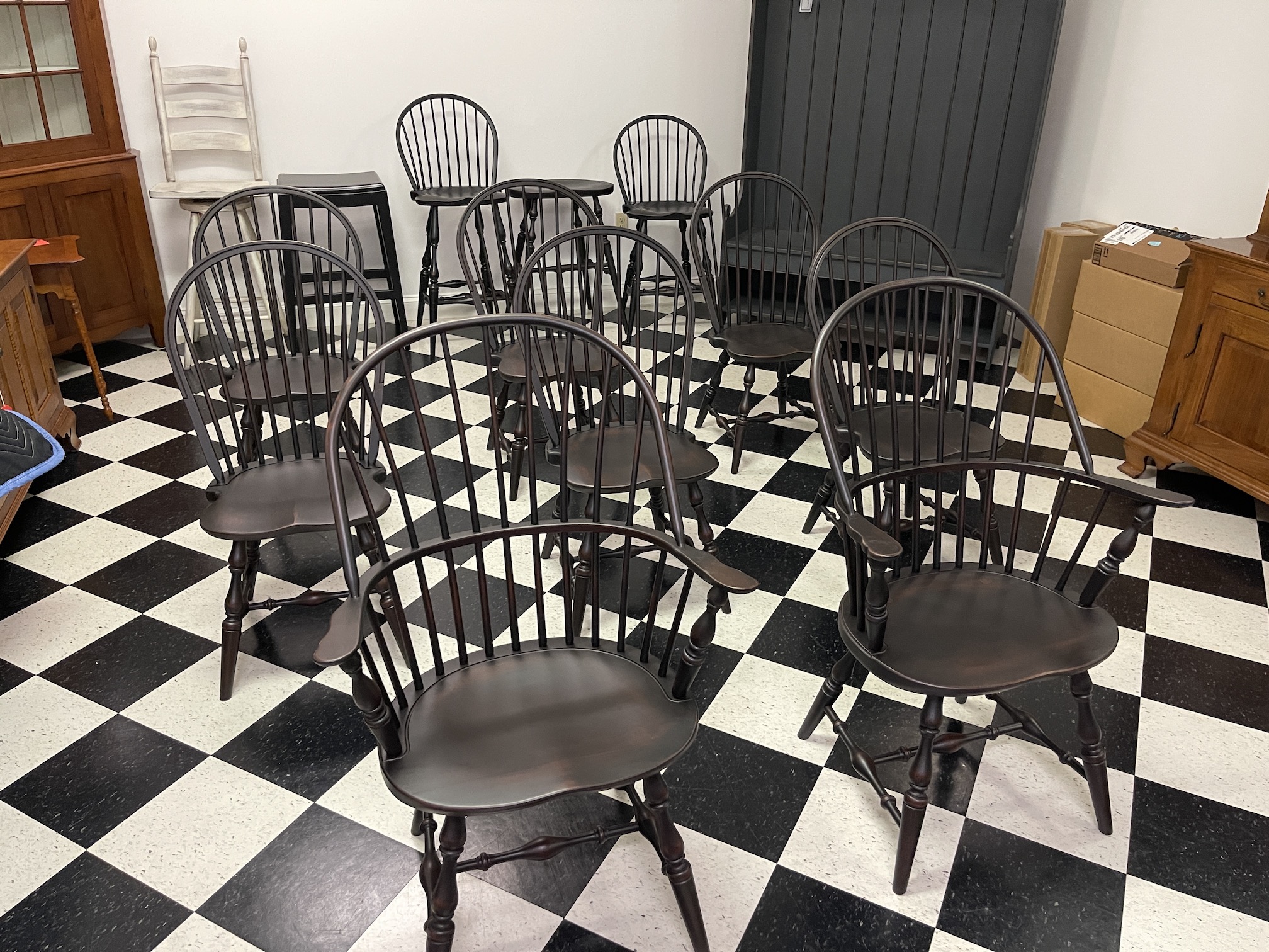 Set of 8 Windsor Chairs - 2 Sack Back Windsor Armchairs and 6 Bow Back Side Windsor Chairs Image