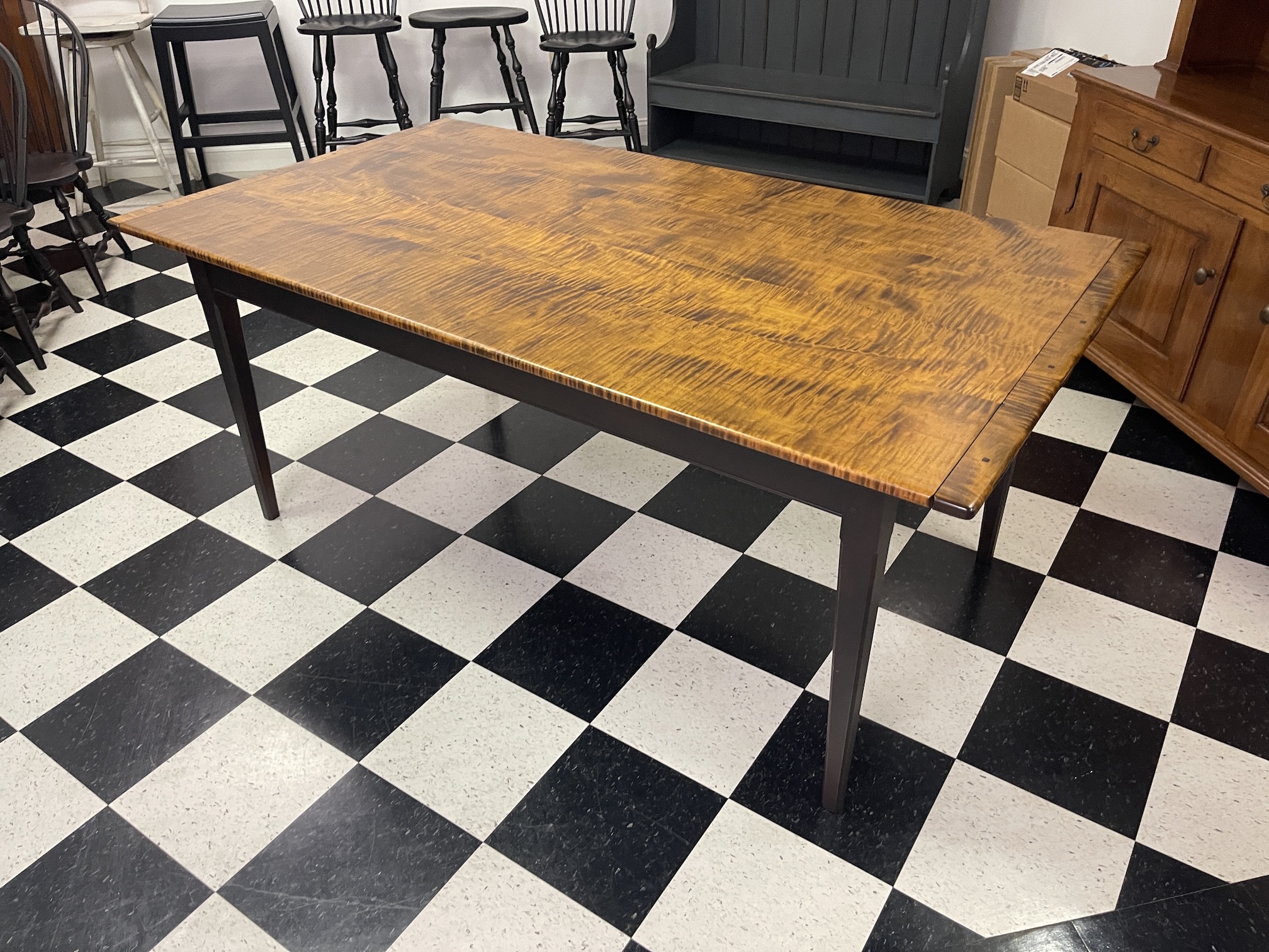 6ft X 39in Pennsylvania Farm Table - Tiger Maple Top - Antique Black over Red Base Image