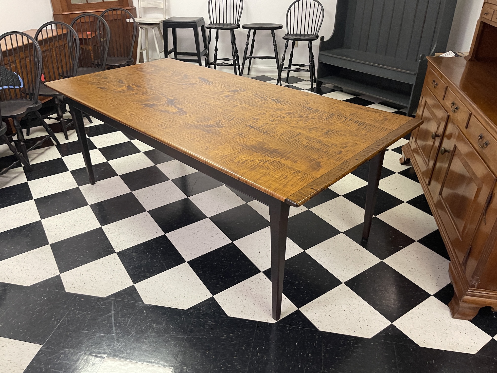 7ft X 40in Pennsylvania Farm Table - Tiger Maple Top - Antique Black over Red Base Image