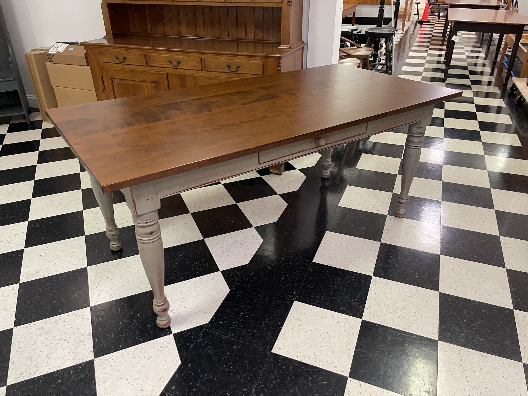 6ft X 36in New Model Turned Leg Farm Table - Cherry Wood Top - Painted Base Image