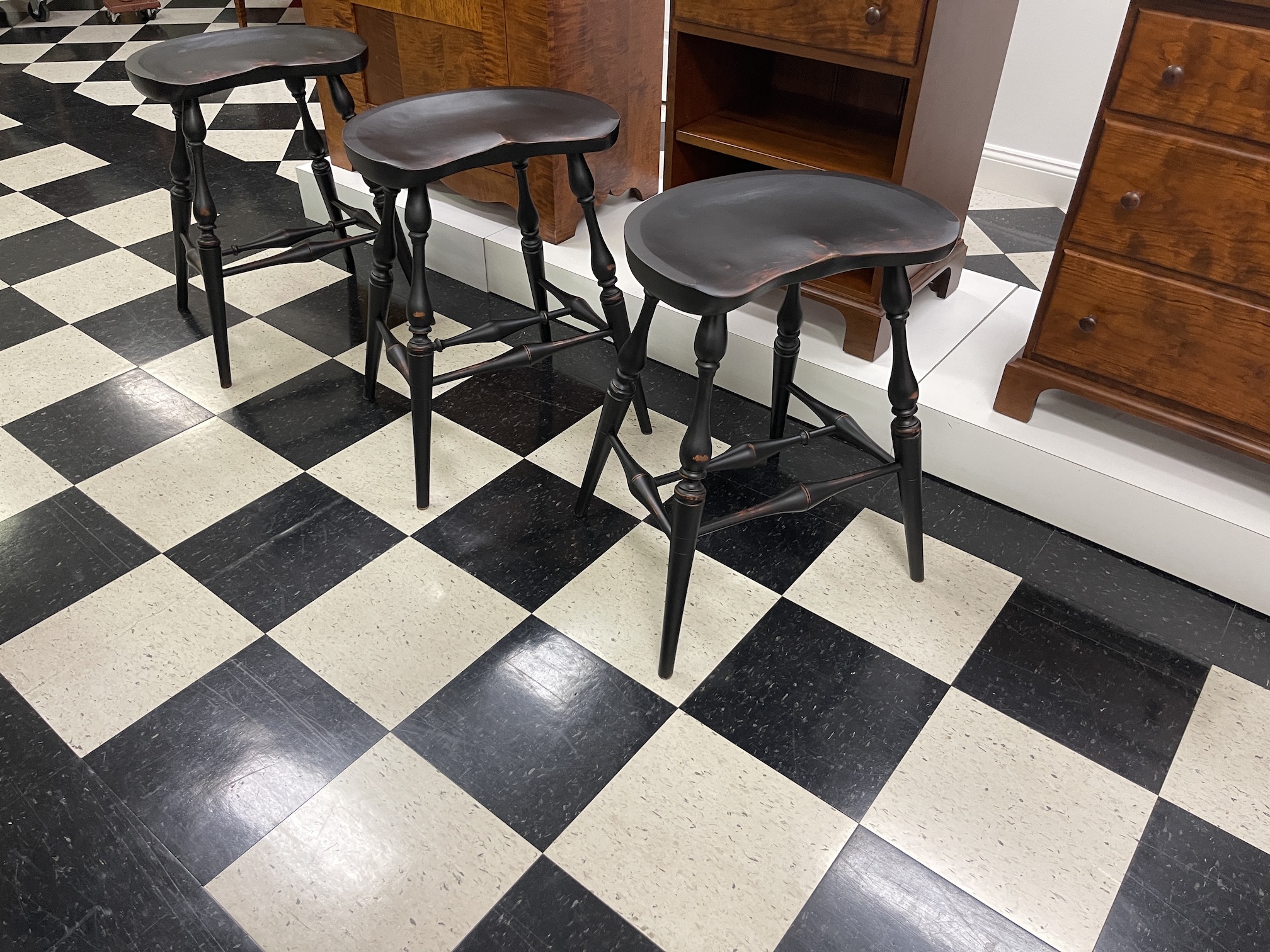Set of 3 Historical Saddle Seat Kitchen Stools - 25in Counter Height Image