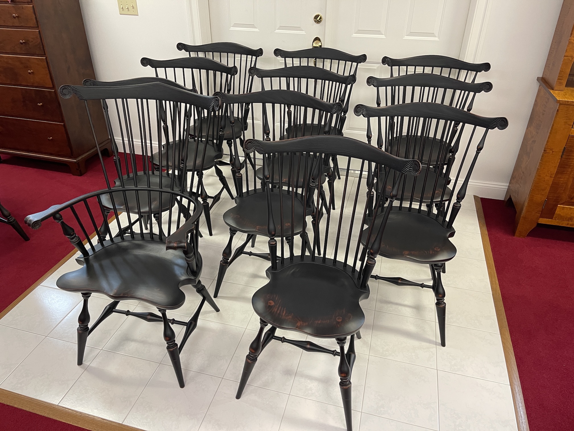 Set of 11 Windsor Chairs in Antique Black over Red Crackle Finish Image