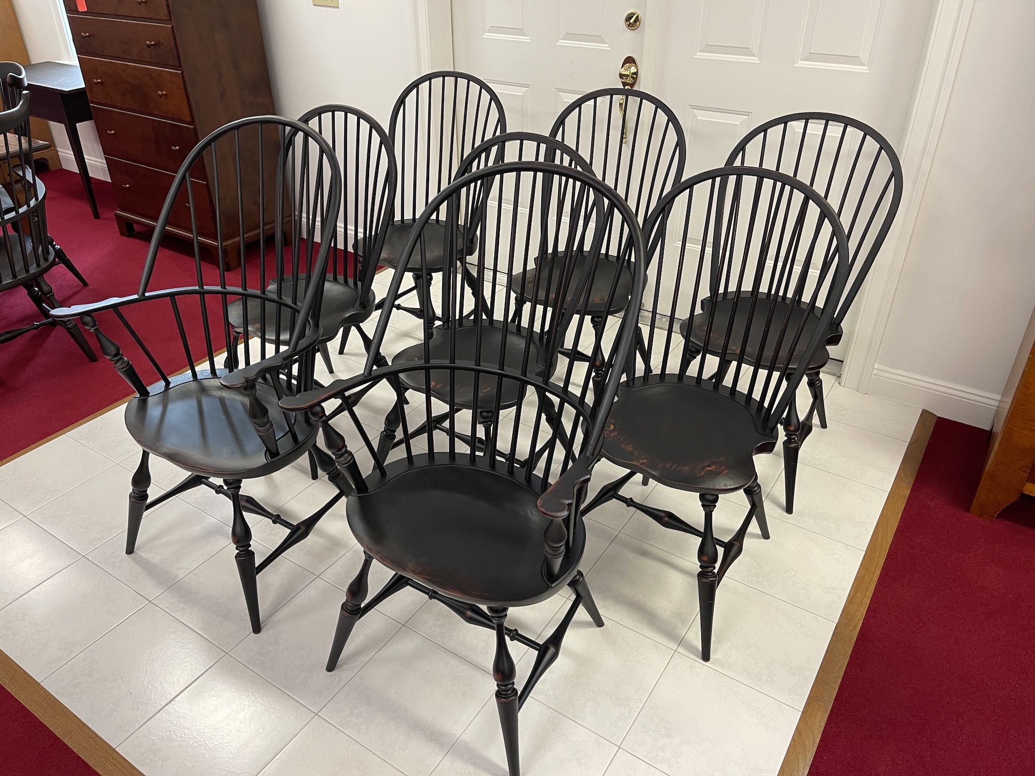 Set of 8 Windsor Chairs in Antique Black over Red Crackle Finish Image