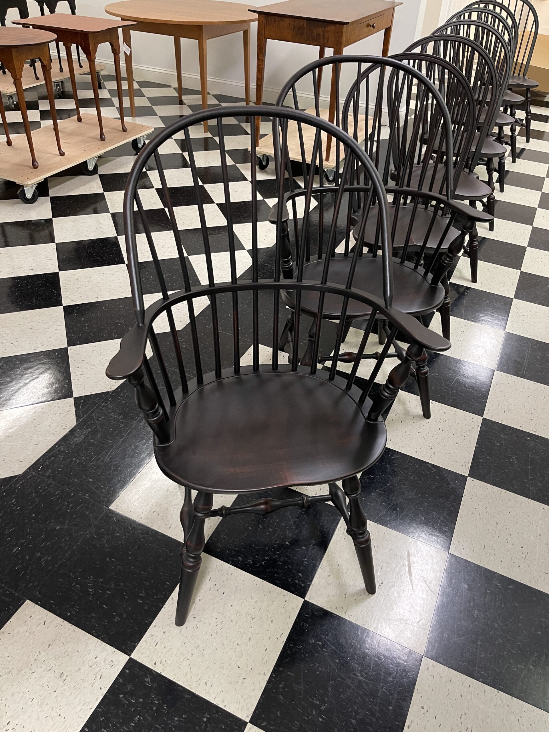 Set of 8 Windsor Chairs in the Antique Black over Red Finish Image